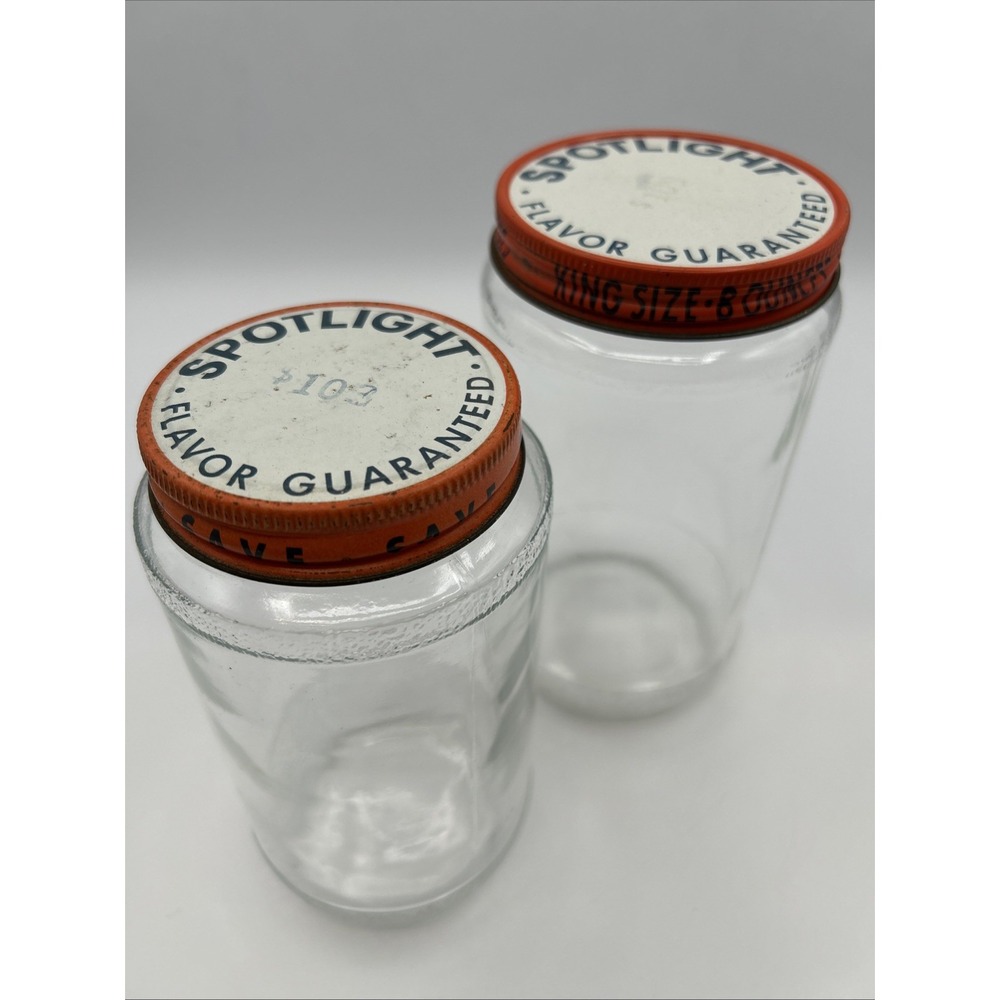 VTG (2) Spotlight Flavor Guaranteed Coffee Glass Jars Orange Navy Kroger decor